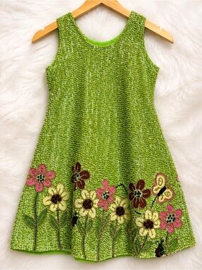 Little Attitudes Green Fully Beaded Floral Mini Dress Kids 6 Fairycore Sparkle